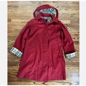 Vintage Burberry London Red Hooded Trench Coat Nova Check Lining Size 4R - 90s